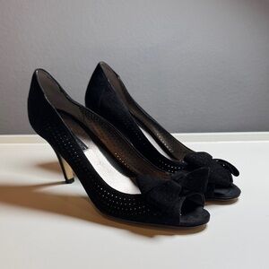 Bandalino Suede Perforated Chic Black Bow Heels